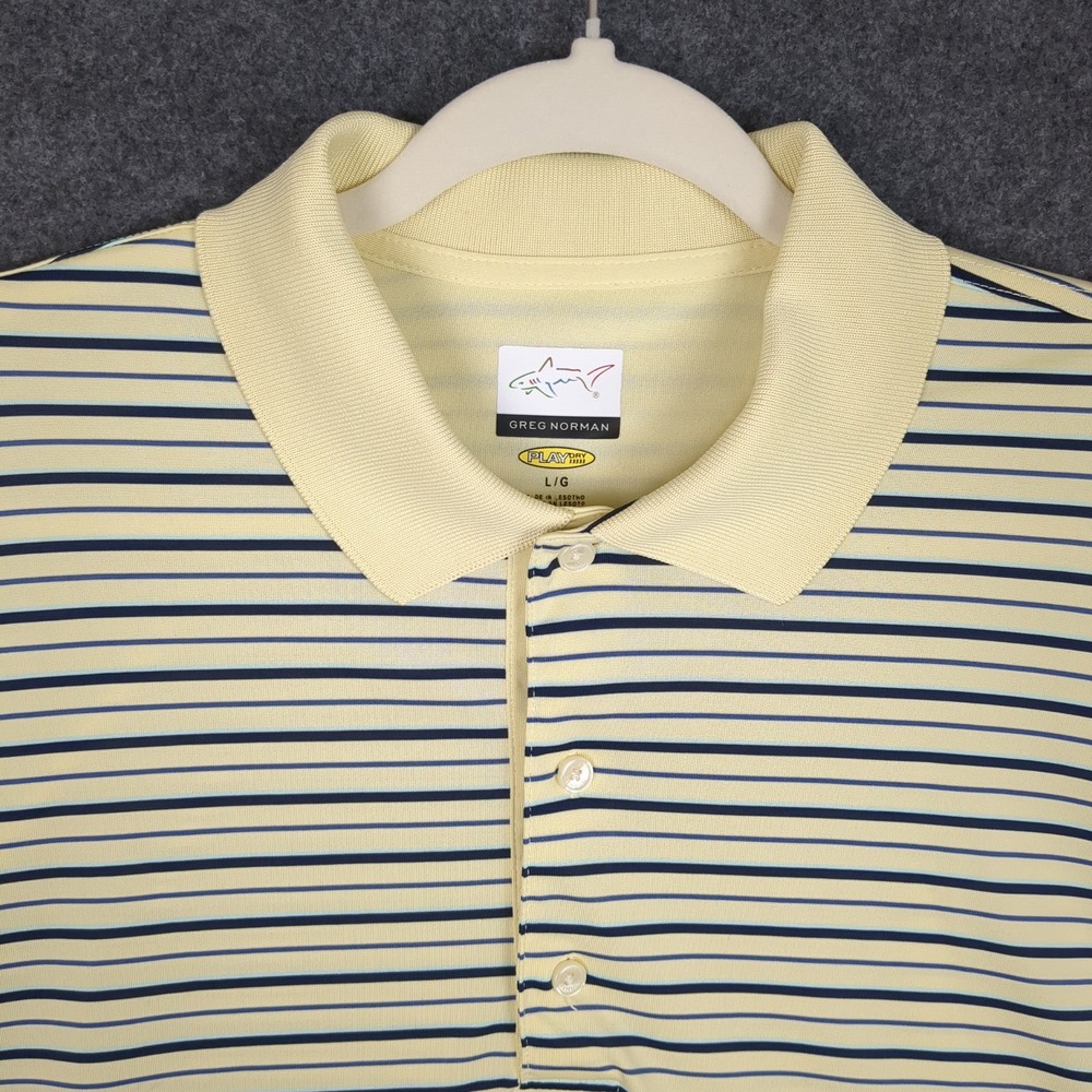 Greg Norman PLAY DRY Mens Polo Shirt Striped Yellow Blue Black Short Sleeve L - Picture 6 of 11